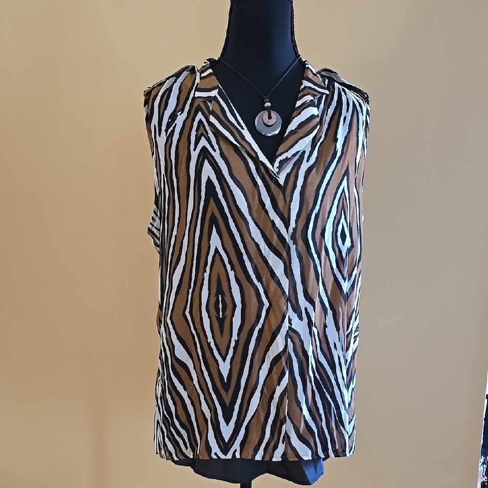 Worthington Black and Brown Sleeveless Animal Print Collared Blouse With Cami L